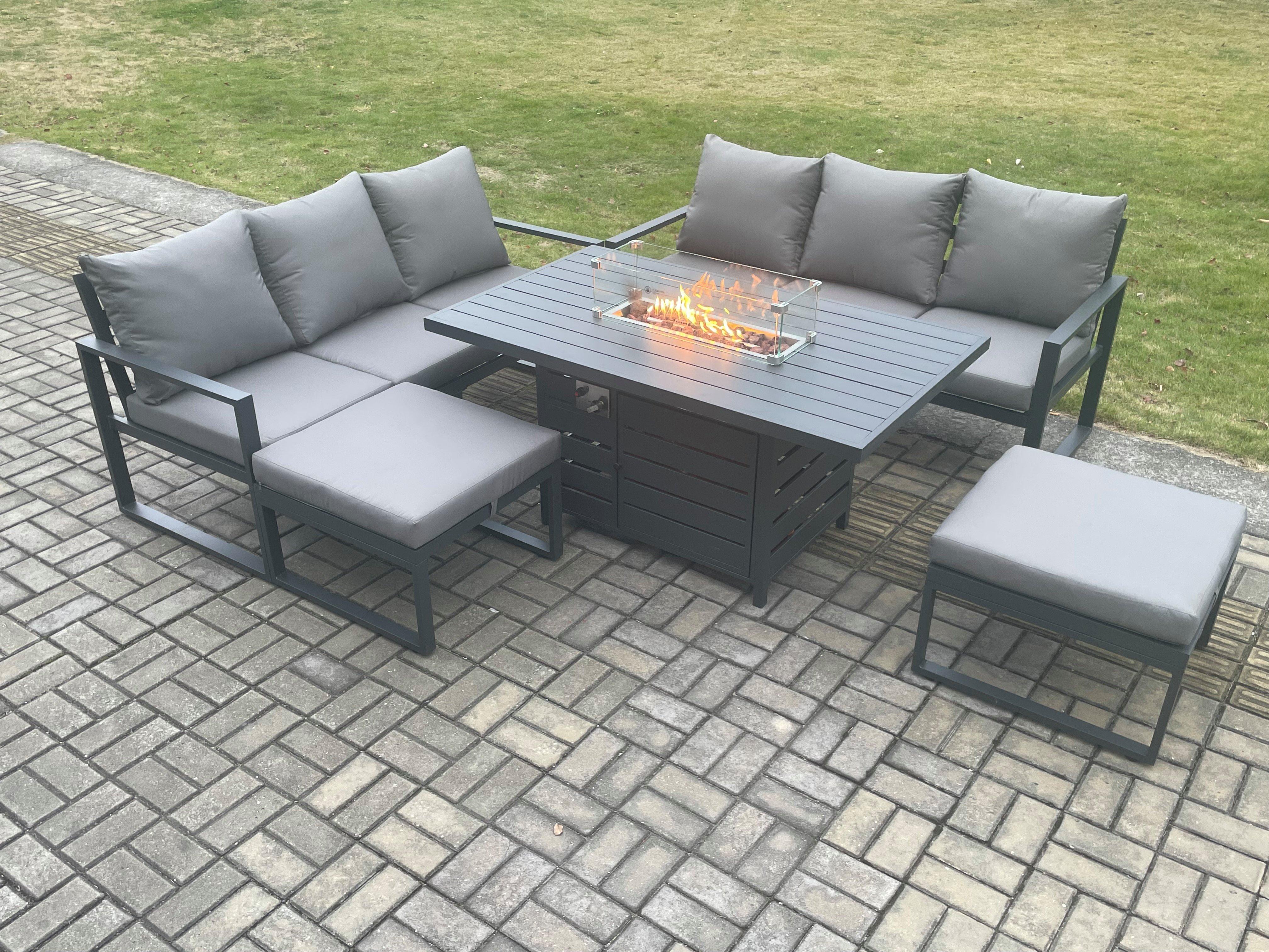 Aluminium 8 Seater Outdoor Garden Furniture Lounge Sofa Set Gas Fire Pit Dining Table with 2 Big Foo